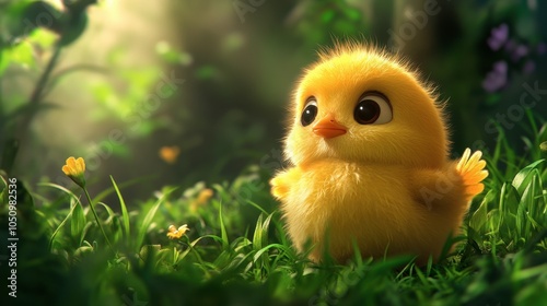 Adorable Yellow Chick in a Lush Green Environment