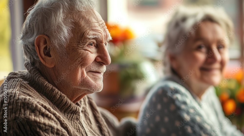 Elderly Caucasian couple smiling inside cozy home, warm lighting Elderly Caucasian couple smiling inside cozy home, warm lighting