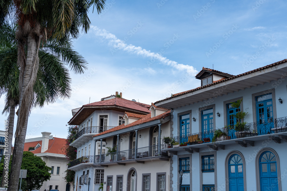 Naklejka premium Historical buildings and balconies in Casco Viejo, alongside a tall palm tree