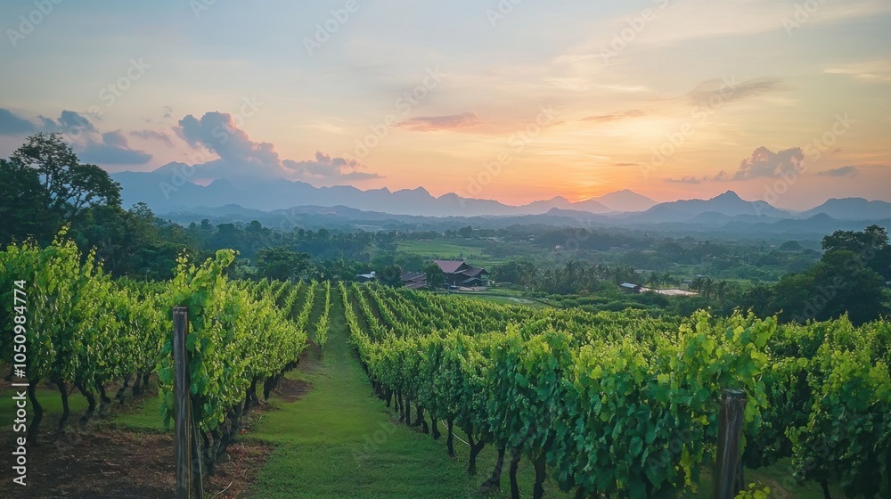 Fototapeta premium Serene Vineyard Landscape at Sunset