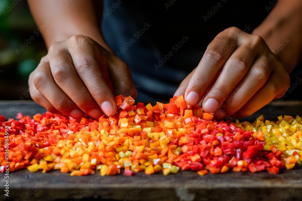 A person dicing bell peppers into tiny cubes, with a rainbow of red, yellow, and orange pieces scattered across the cutting board A person dicing bell peppers into tiny cubes, with a rainbow of red, yellow, and orange pieces scattered across the cutting board