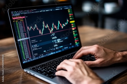 A person analyzing stock charts on a laptop, with graphs and numbers displayed on the screen while they plan their investment strategy