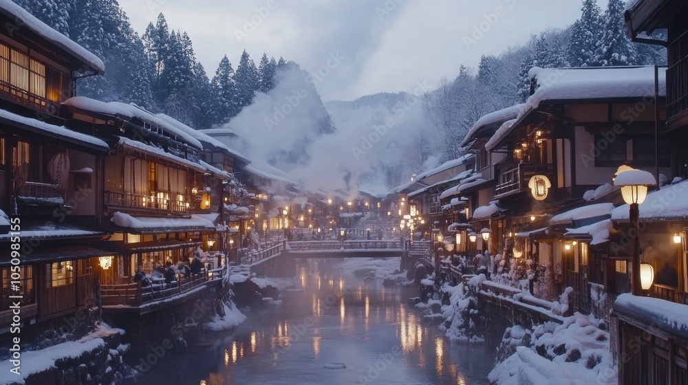 Serene Winter Village by a Snowy River Serene Winter Village by a Snowy River