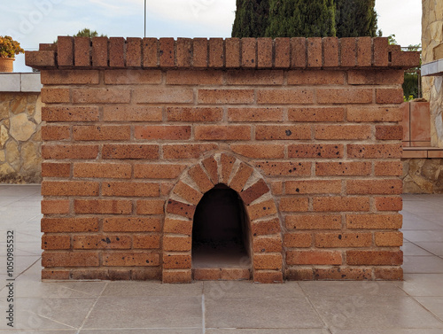 Rectangular rustic Mediterranean brick barbecue front with red terracotta bricks and built-in arched ash compartment for outdoor cooking. photo