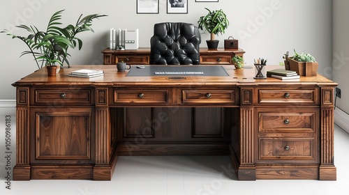 A large wooden desk with a leather chair and a computer, plants, and books on the desk.