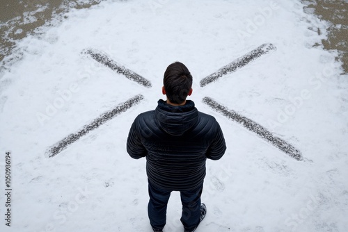A single line drawing of a person standing at a crossroads, ready to take a chance by choosing a path