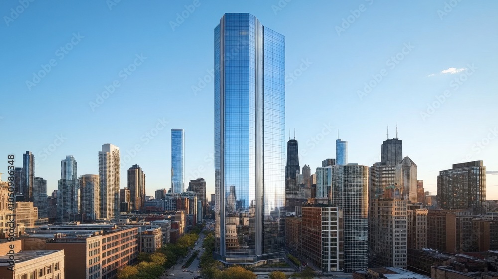 Fototapeta premium Modern Skyscraper Against City Skyline at Sunset