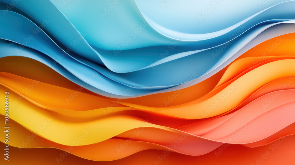 Fototapeta premium Smooth gradients in blue, orange, and yellow create vibrant, flowing abstract design that evokes sense of movement and energy