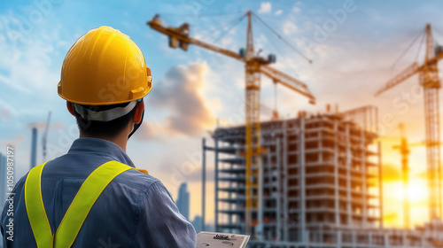 Construction engineer overseeing installation of building at sunset, wearing hard hat and safety vest, with cranes in background