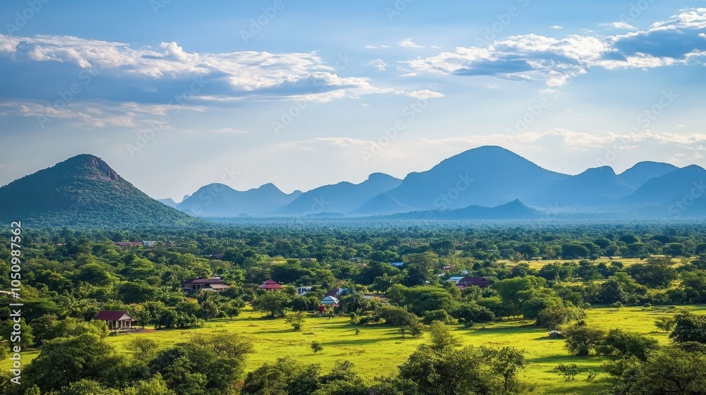 Serene Landscape with Mountains and Lush Greenery Serene Landscape with Mountains and Lush Greenery