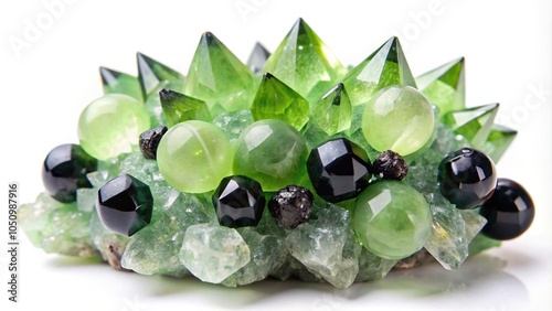 Green prehnite spheres, epidote spikes on matrix macro isolated on white surface photo