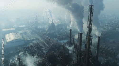 Working oil refinery. Smoke from the factory chimney. Ecological pollution. Air emissions polluting the city. 