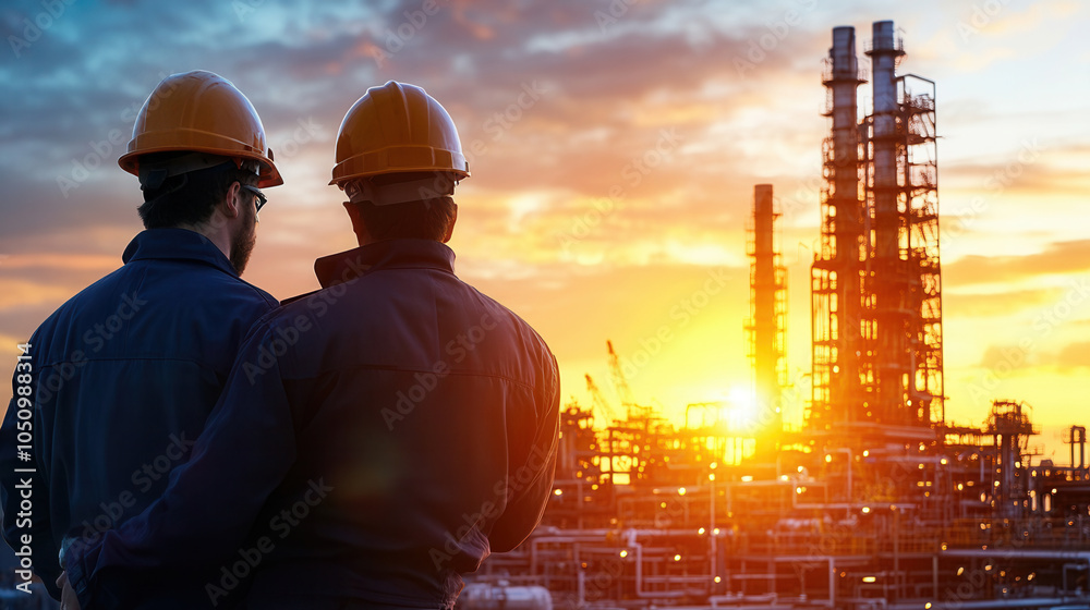Workers in hard hats observe sunset over industrial site, showcasing beauty of labor and machinery. scene captures essence of teamwork and dedication in vibrant environment Workers in hard hats observe sunset over industrial site, showcasing beauty of labor and machinery. scene captures essence of teamwork and dedication in vibrant environment