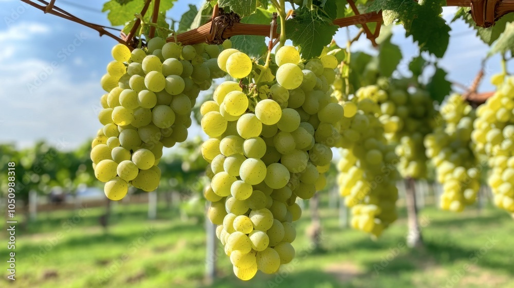 Fresh Green Grapes on Vine in Sunny Vineyard Fresh Green Grapes on Vine in Sunny Vineyard