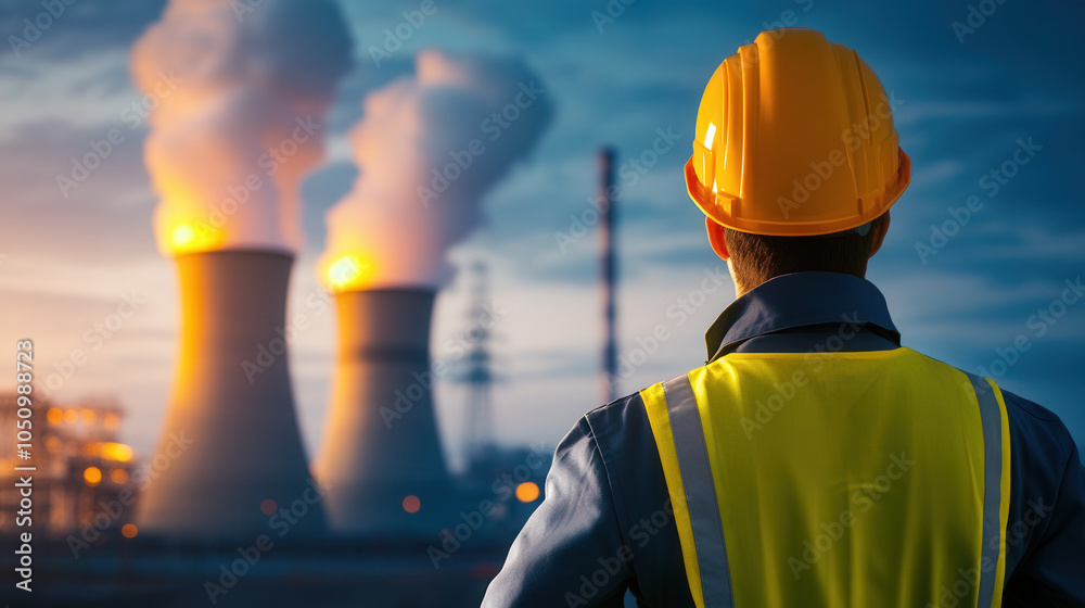 worker in safety helmet and vest observes cooling towers emitting steam at power plant during twilight. scene conveys sense of diligence and responsibility in energy production worker in safety helmet and vest observes cooling towers emitting steam at power plant during twilight. scene conveys sense of diligence and responsibility in energy production