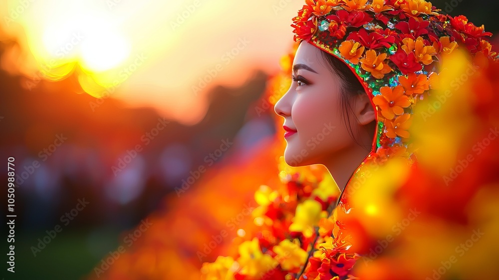 Profile of a woman adorned in vibrant floral headdress