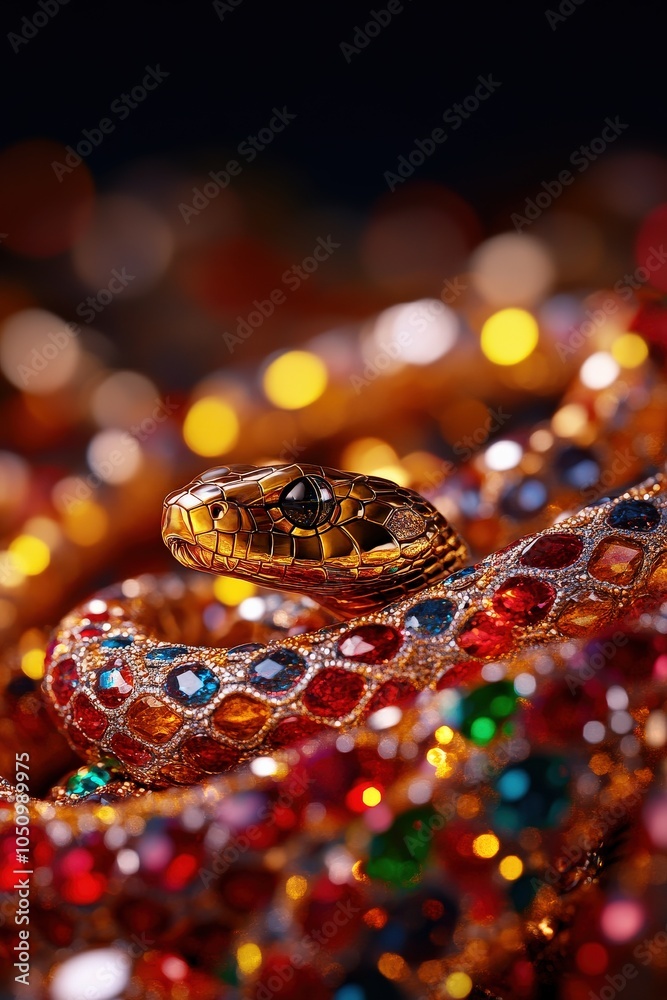 Close-up of a jeweled snake with colorful reflections on a dark background. Close-up of a jeweled snake with colorful reflections on a dark background.