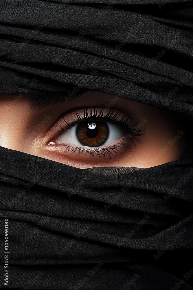 Close-up of a woman's eye partially covered with black fabric. Close-up of a woman's eye partially covered with black fabric.