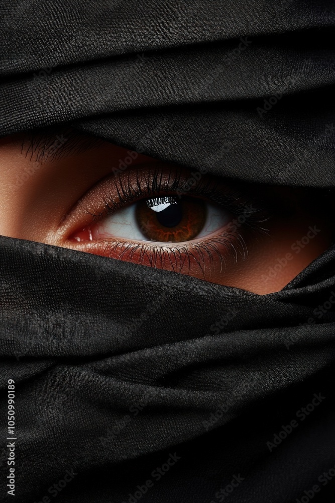 Close-up of an eye peeking through a black veil, focused gaze on a dark background. Close-up of an eye peeking through a black veil, focused gaze on a dark background.