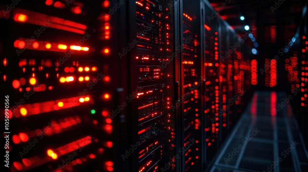 Data center with illuminated servers emitting red glow in a dark environment. Data center with illuminated servers emitting red glow in a dark environment.