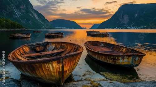A high angle shot of rusty boats on the sea near high mountains during 