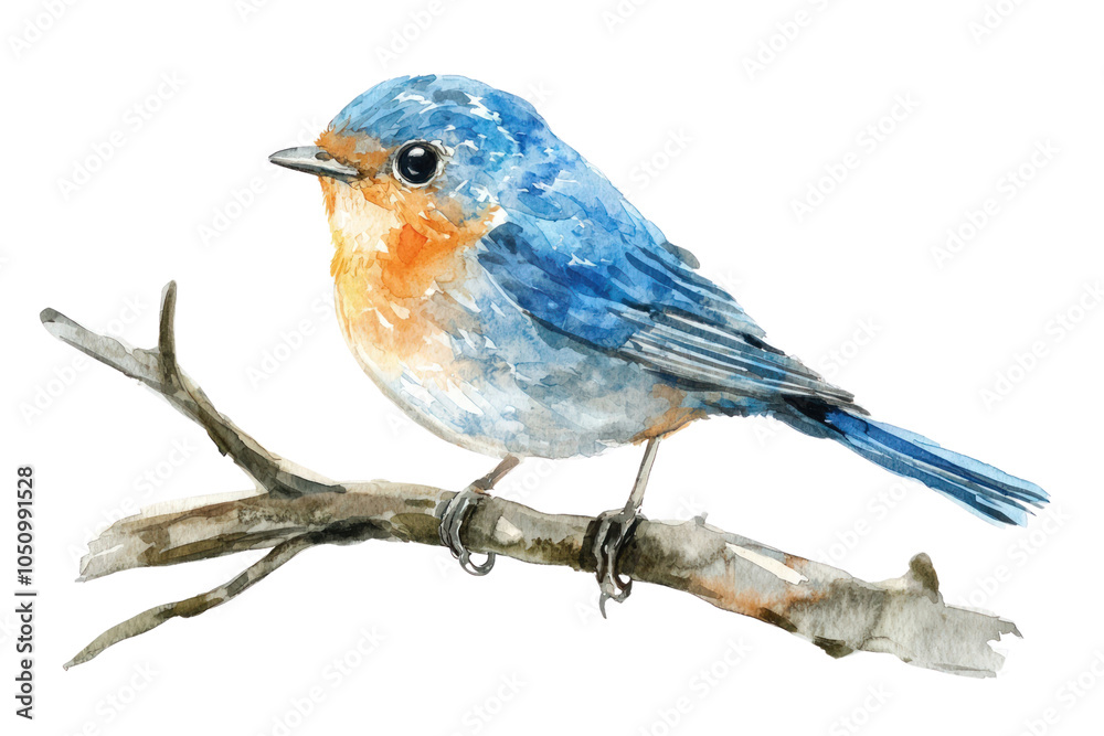 Fototapeta premium A vibrant bluebird perched on a twig, showcasing beautiful watercolor textures against a white background.