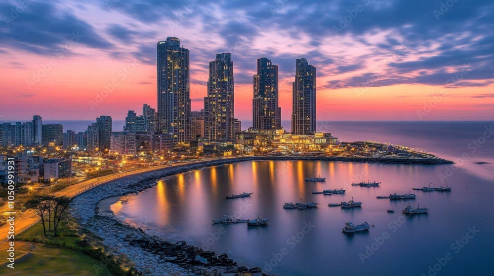 Fototapeta premium Serene Coastal Cityscape at Dusk