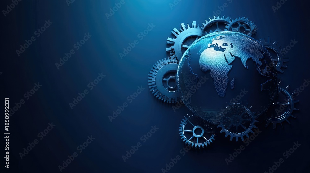 Obraz premium Abstract futuristic globe cogs technology background concept.Speed movement pattern and motion blur over dark blue background