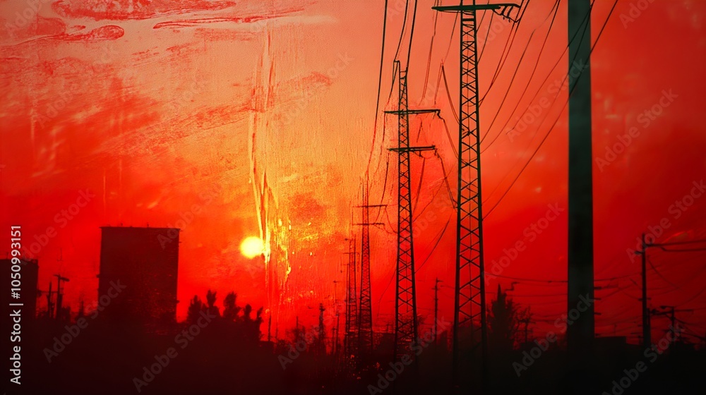 Naklejka premium Red Sunset Over Cityscape with Power Lines