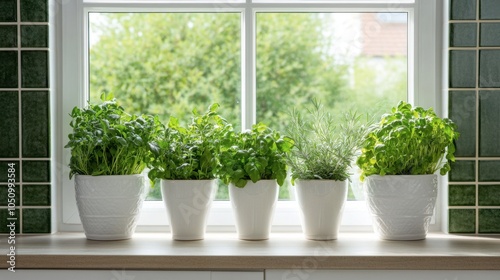 Fresh Herbs Growing on Bright Kitchen Windowsill