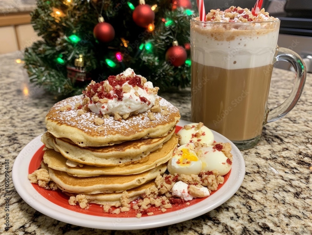 Christmas breakfast party cozy kitchen with a small decorated tree Christmas breakfast party cozy kitchen with a small decorated tree