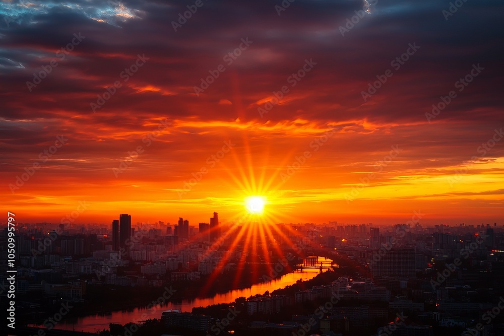 Obraz premium Stunning sunset over city skyline with vibrant orange hues.