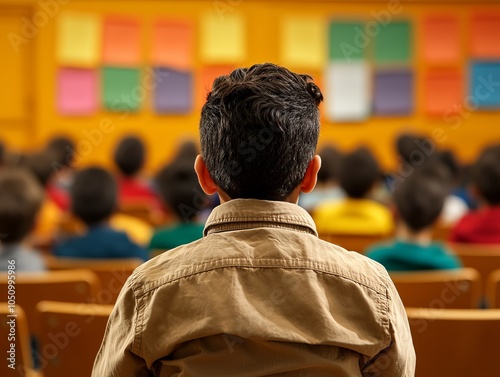 Child focused on learning in a classroom setting. photo