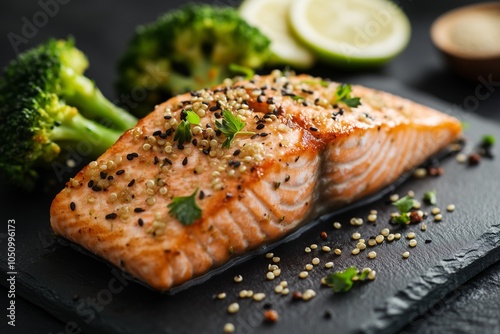 aked salmon served with a side of quinoa, roasted broccoli, and a sprinkle of flaxseeds photo