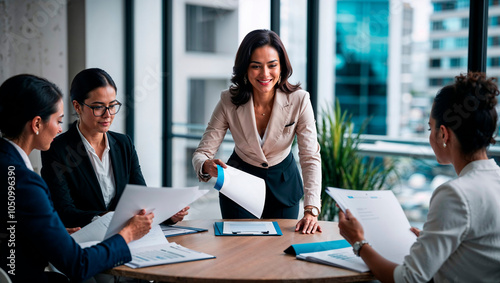 Mulher liderando reunião em ambiente corporativo