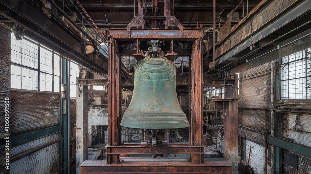 Obraz premium Large Bell Suspended in Rusted Industrial Setting