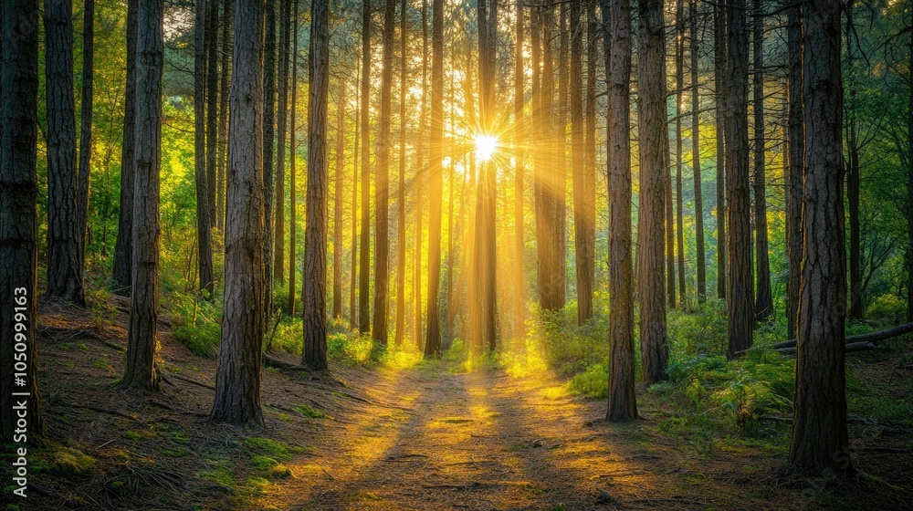 Fototapeta premium Sunlight shines through the trees in a forest surrounded by natural scenery.