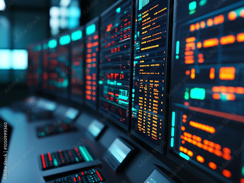 A futuristic control room with vibrant digital screens displaying complex data and analytics, ideal for technology themes. A futuristic control room with vibrant digital screens displaying complex data and analytics, ideal for technology themes.