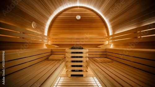 Interior of Barrel Sauna with Wooden Benches and Warm Lighting
 photo