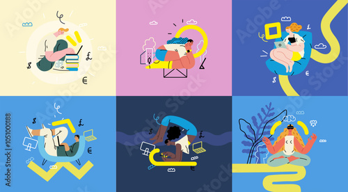Creative workspace, modern flat vector concept illustration of a person working with a computer Remote work, flexibility, independence, efficiency, mobility, synergy, freedom