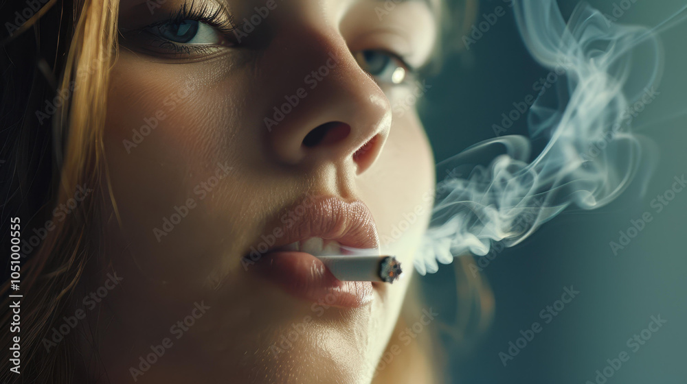 Obraz premium A closeup shot of a young woman taking a drag from her cigarette, exhaling a plume of smoke, revealing nicotines grip.
