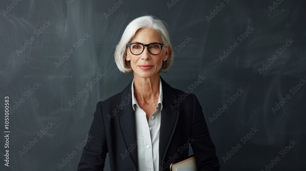 Confident businesswoman exuding professionalism, hands in pockets, set against a minimalist gray backdrop. Confident businesswoman exuding professionalism, hands in pockets, set against a minimalist gray backdrop.