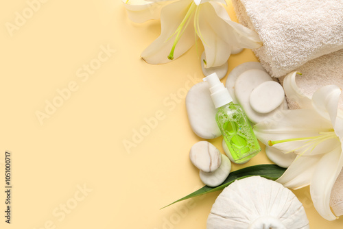 Composition with bottle of cosmetic product, spa accessories and lily flowers on color background