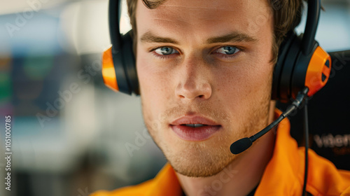 A professional male operator assists a client, showcasing excellent customer service skills at a busy call center. photo