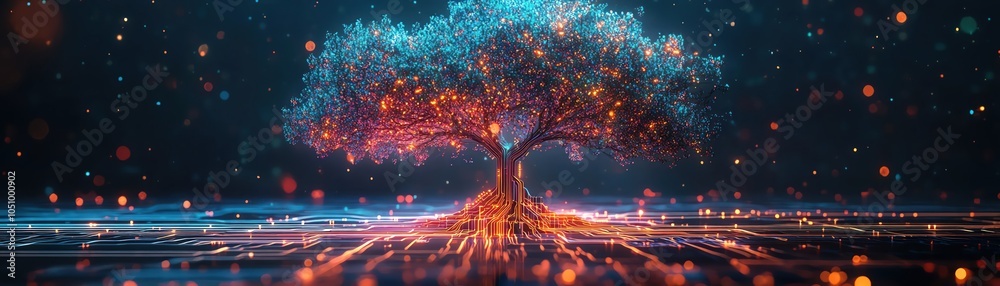 custom made wallpaper toronto digitalA vibrant digital tree grows from a glowing circuit board, blending nature and technology