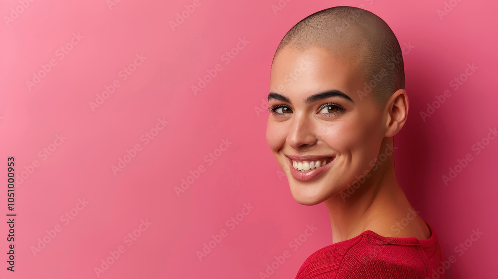 A vibrant portrait of a smiling woman with shaved hair, radiating confidence and joy in her expression. A vibrant portrait of a smiling woman with shaved hair, radiating confidence and joy in her expression.