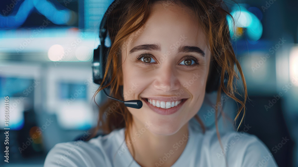 Cheerful female operator engages with clients, providing support and solutions at a bustling call center. Cheerful female operator engages with clients, providing support and solutions at a bustling call center.