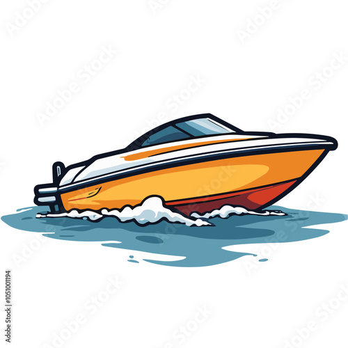 Orange speedboat vector illustration in motion, water transport