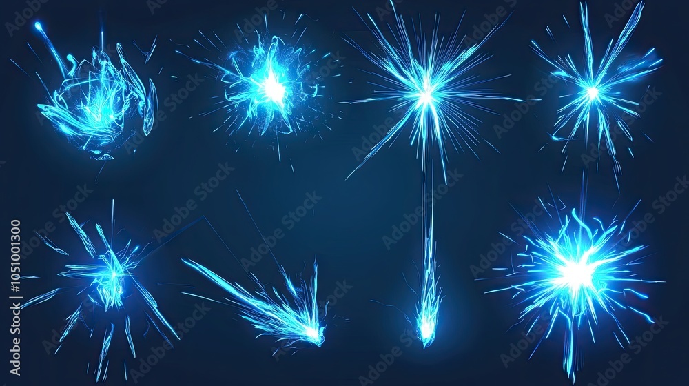Fototapeta premium Set of blue flashes. Light neon lines