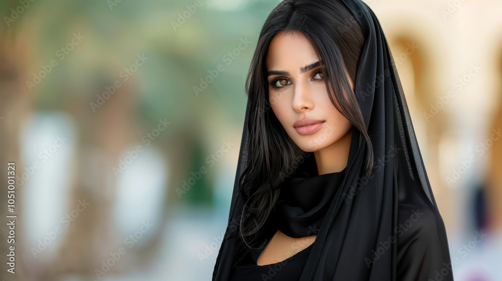 A stunning Muslim woman in a traditional abaya walks gracefully down a vibrant city street, radiating elegance. A stunning Muslim woman in a traditional abaya walks gracefully down a vibrant city street, radiating elegance.